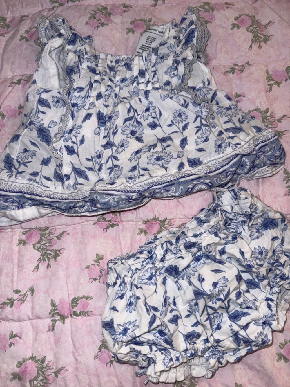 cupcakes & cashmere White and Blue Floral Kids Matching Set